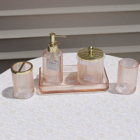 Apothecary Home Bathroom 5 Pc Colored Glass Accessory Collection Peachy Gold - Picture 4 of 16